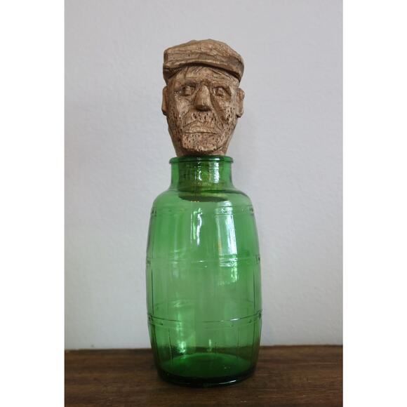 Vintage Green Glass Barrel Bottle with Hand Carved Cork Head - Picture 2 of 4